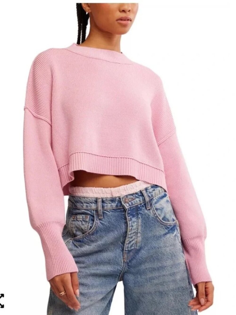 Free People Easy Street Pink Ribbed Cropped Mock Neck Boxy Fit Sweater Size XL
